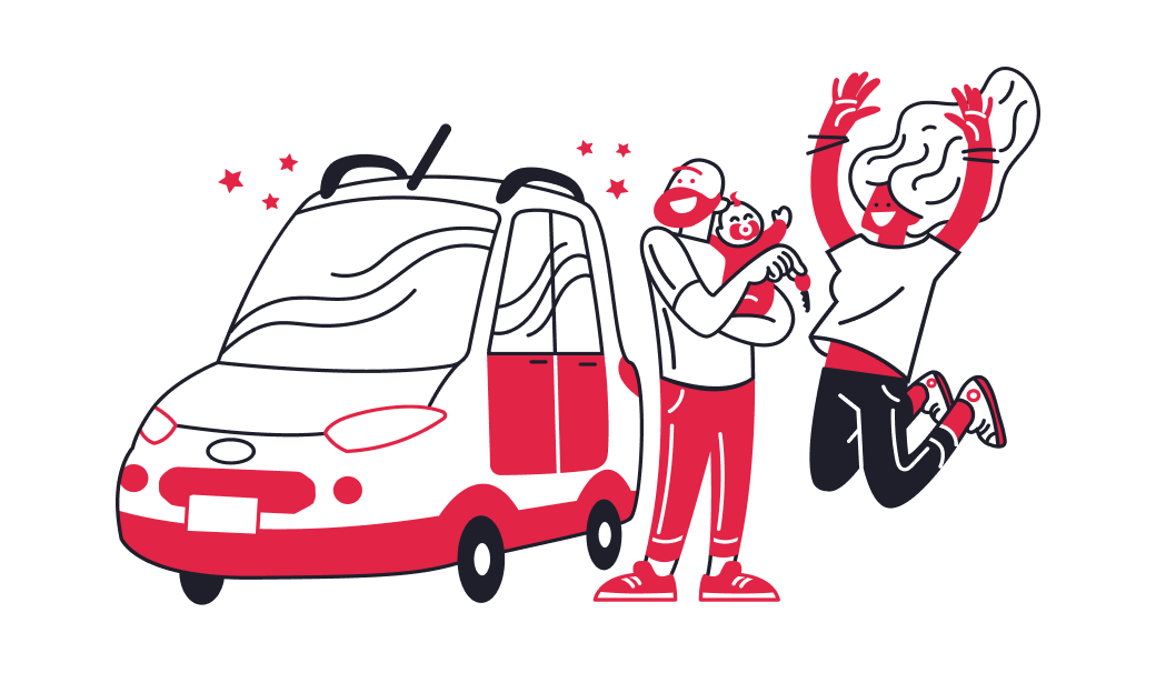 Consórcio Webmotors: compre seu carro ou moto sem juros.Ilustração de um carro ao lado esquerdo e ao lado direito uma família com o pai segurando o neném no colo e a mãe pulando no ar de felicidade