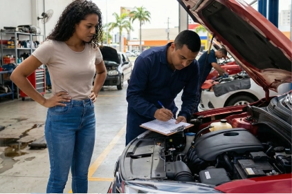 Mulher observa mecânico inspecionando carro.