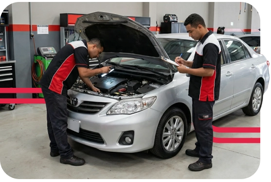 Dois mecânicos fazendo laudo cautelar em um carro.