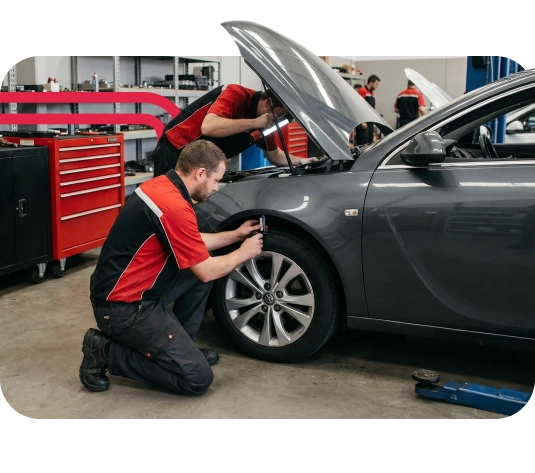 Mecânicos trabalhando em um carro.