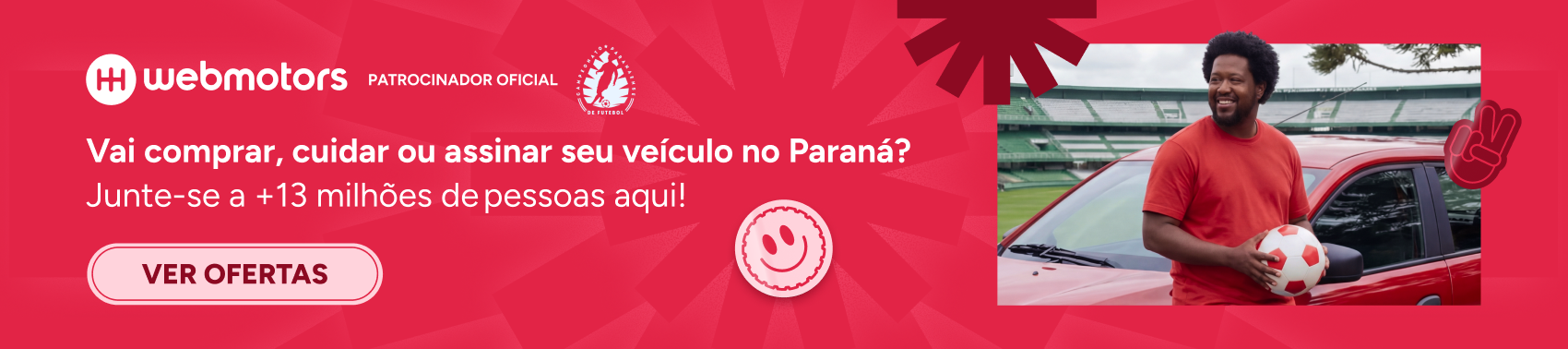 Banner da Webmotors no Paraná com frases promocionais e pessoa usando a plataforma para carro e moto