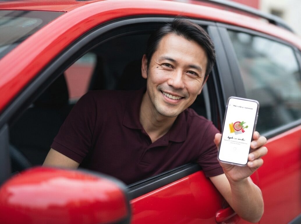 Homem sorrindo dentro de um SUV vermelho mostra a tela do celular com a opção de parcelar IPVA e pagar débitos veiculares; ao lado, um QR code em box branco.