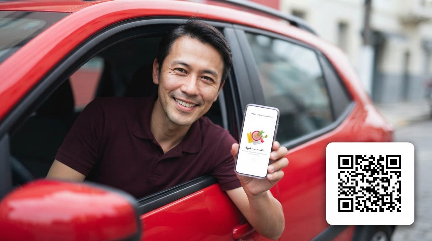Homem sorrindo dentro de um SUV vermelho mostra a tela do celular com a opção de parcelar IPVA e pagar débitos veiculares; ao lado, um QR code em box branco.