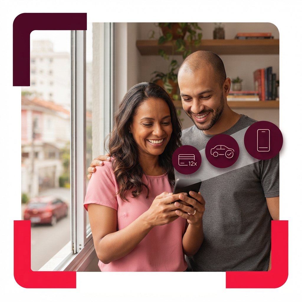 Casal sorrindo em casa, junto à janela, olha o celular com ícones de cartão em 12x, carro aprovado e aplicativo, ao parcelar IPVA e pagar débitos do veículo.